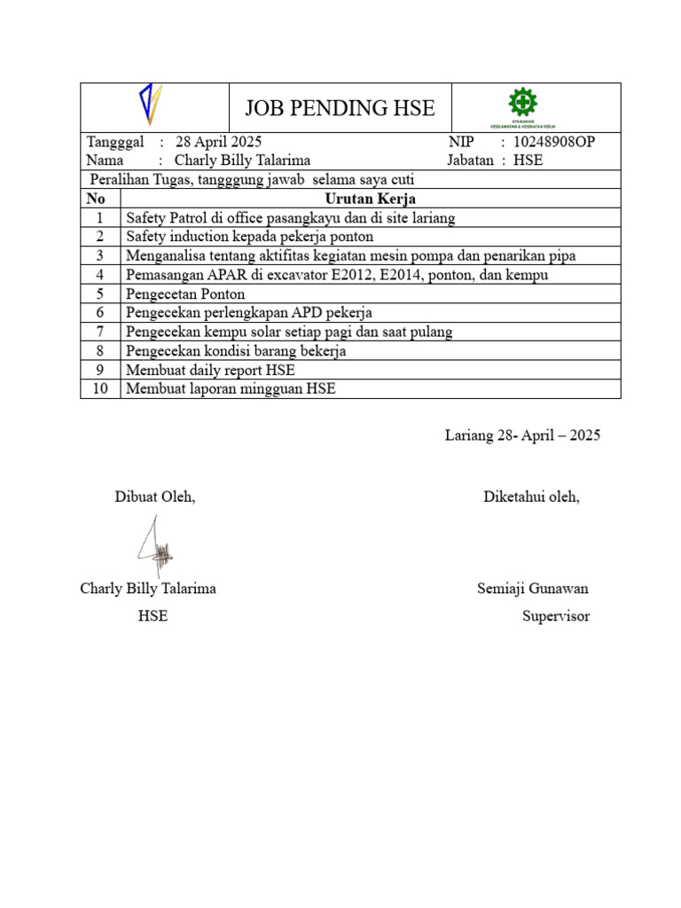 Job Pending Hse - Cuti Roster - 28!04!2025 | PDF