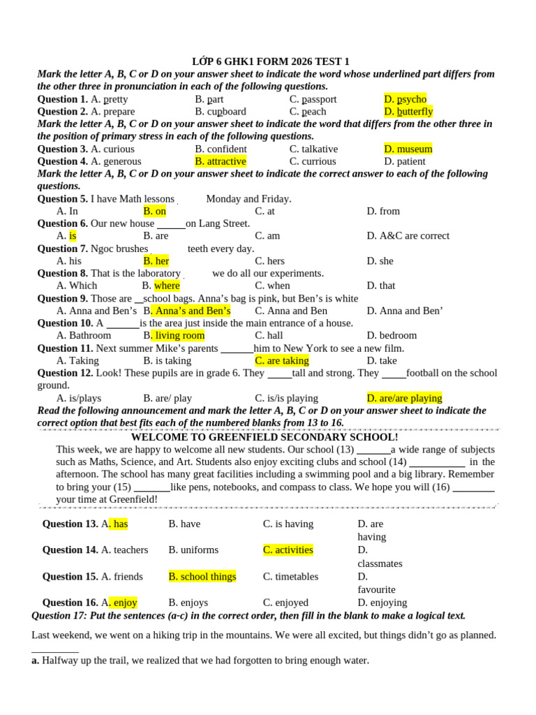 l6 Ghk1 Form 2026 Test 1 Key | PDF