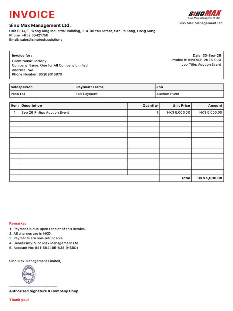 Invoice for Auction Event - Sino Max | PDF