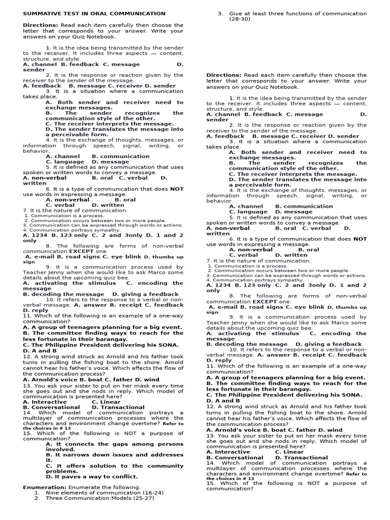 Oral Communication Summative Test | PDF | Communication | Nonverbal ...