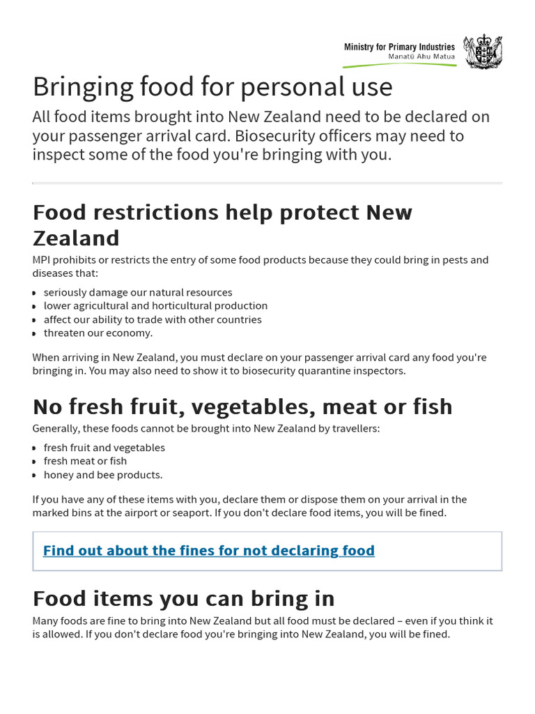 Food Declaration for NZ Arrival | PDF | Foods | Vegetables
