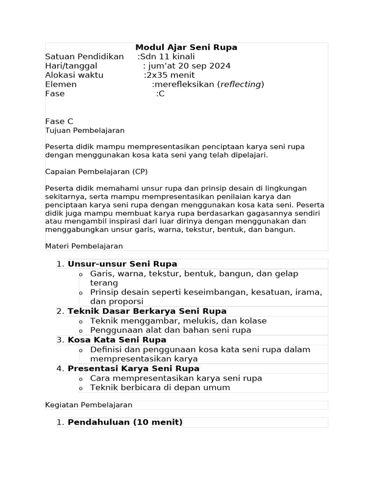 Modul Ajar Seni Rupa SD Kelas 5 | PDF