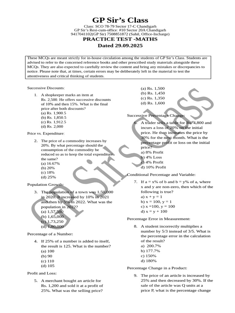Maths Practice Test for GP Sir's Class | PDF | Percentage