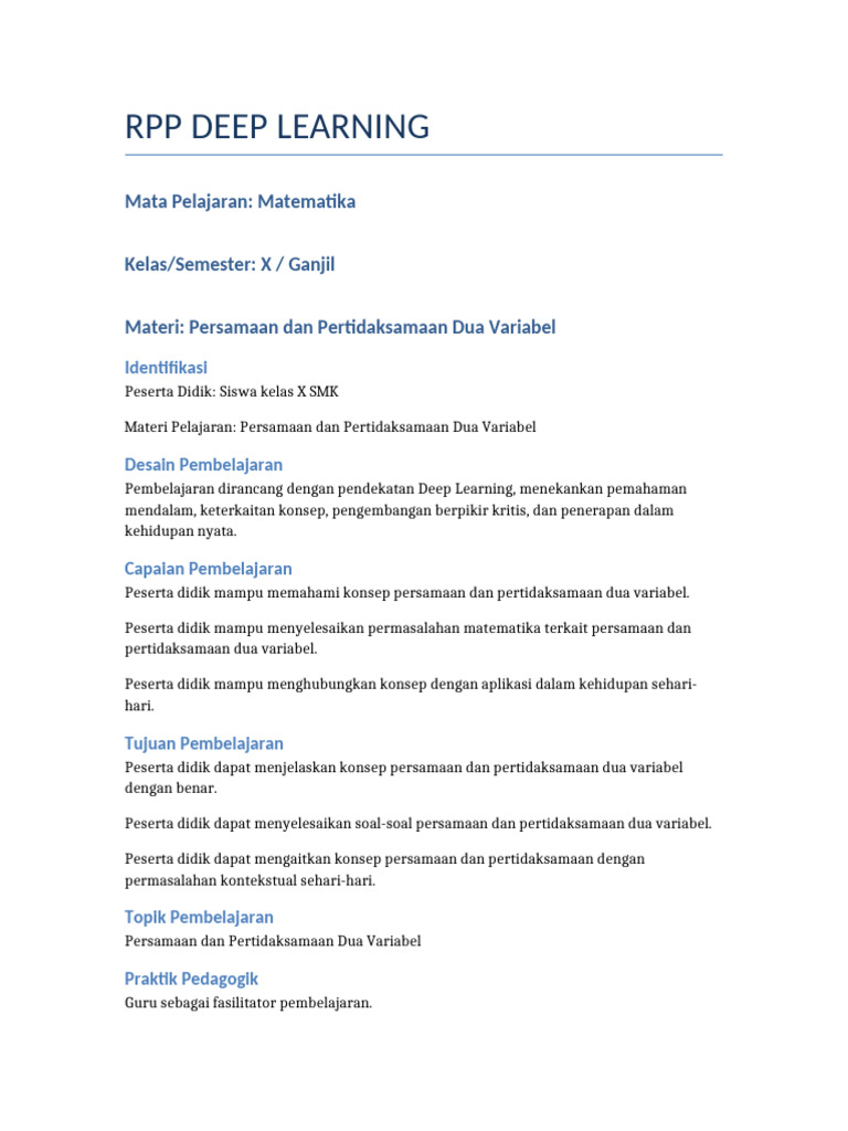 RPP Deep Learning: Persamaan Dua Variabel | PDF