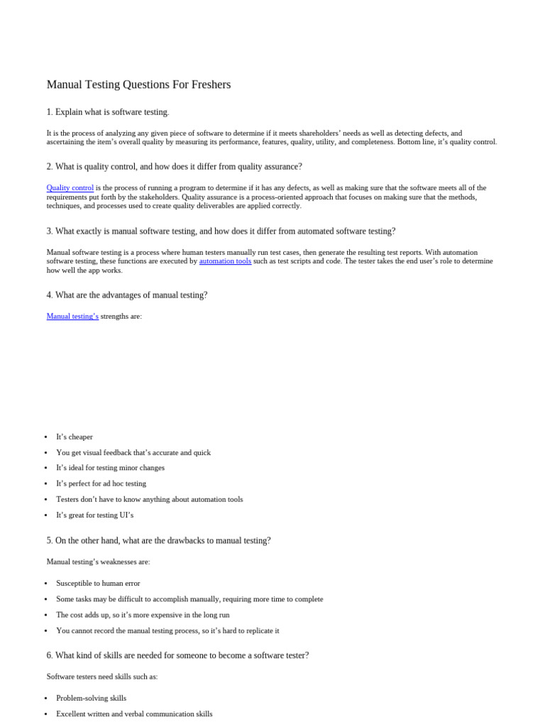 Manual Testing Interview Questions for Freshers | PDF | Software ...