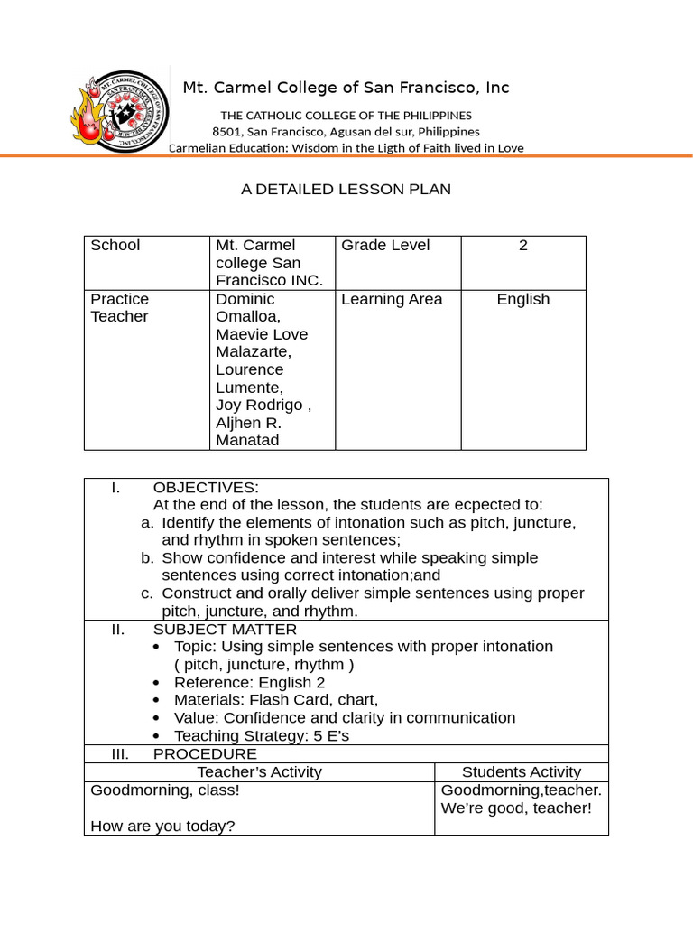Grade 2 English Lesson Plan: Intonation | PDF | Lesson Plan | Human ...