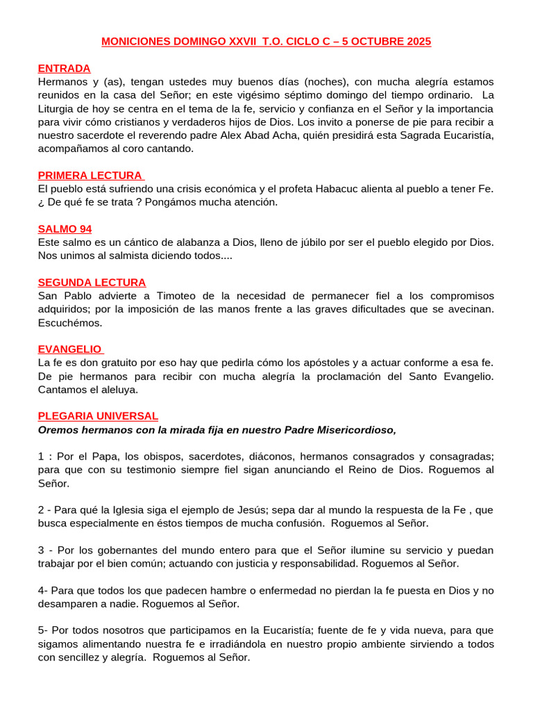 Reflexiones sobre la Fe en Domingo XXVII | PDF | eucaristía | Adoración ...