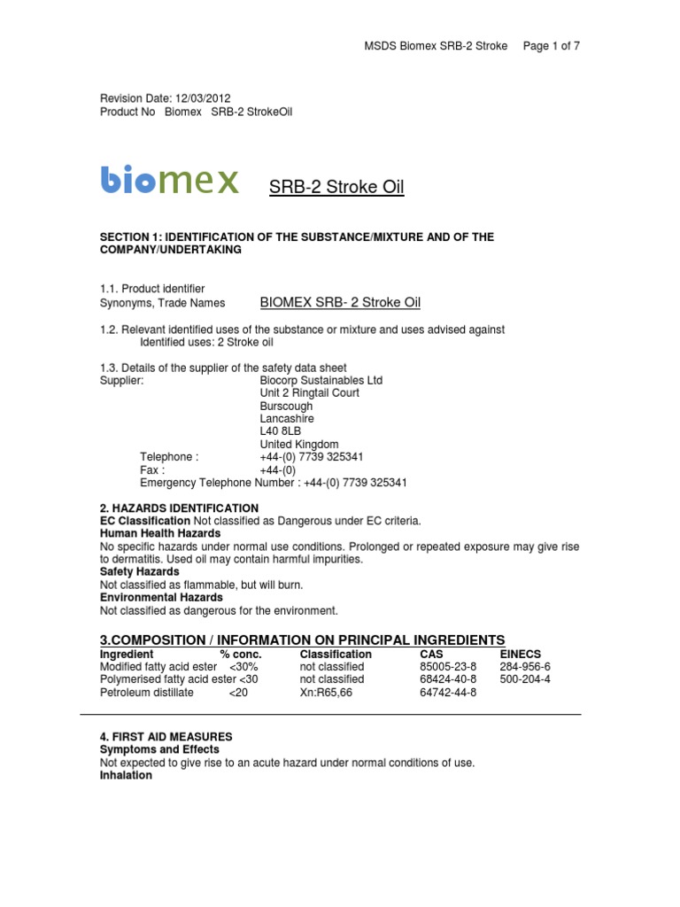 SRB Biodegradable 2 Stroke Oil MSDS PDF Dangerous Goods Personal