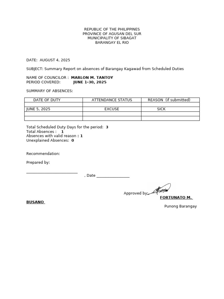 El Ro June Summary Report on Absences | PDF