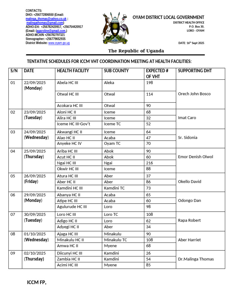 VHT Coordination Meeting Schedule 2025 | PDF