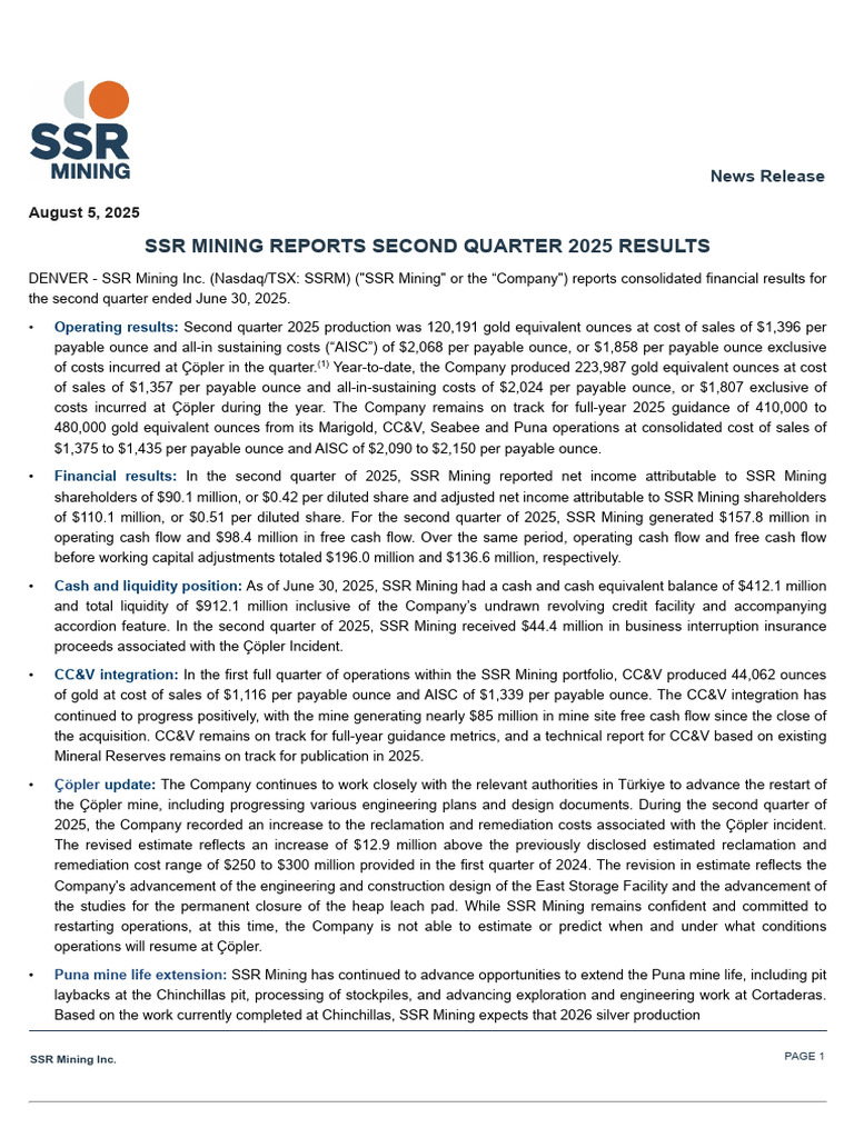 SSR Mining Reports Second Quarter 2025 Results | PDF | Gold | Mining