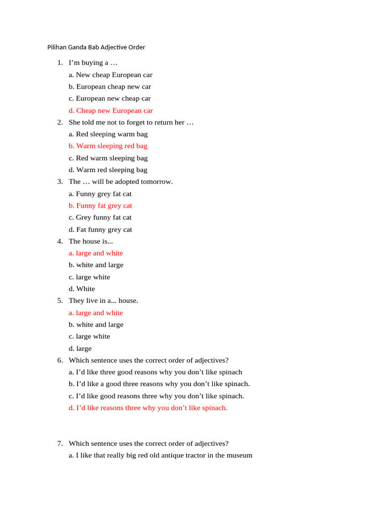 Latihan Soal Pilihan Ganda Adjective Order | PDF | Chess Theory | Chess