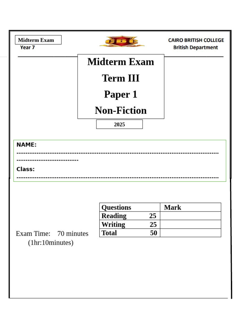 2025 Midterm Exam: Non-Fiction Paper | PDF