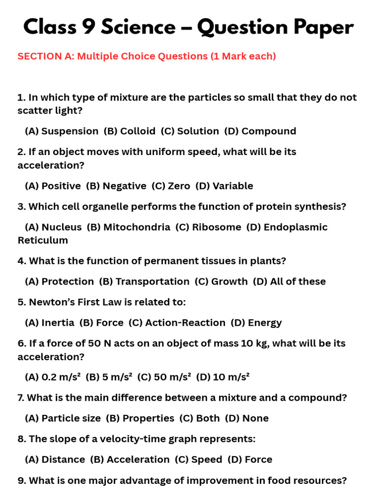 Class 9 Science Question Paper Guide | PDF