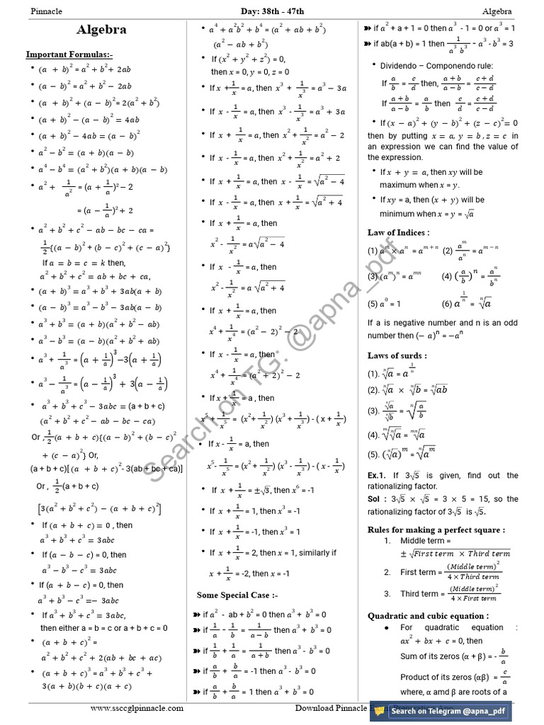 Essential Algebra Formulas Guide | PDF | Abstract Algebra | Algebra