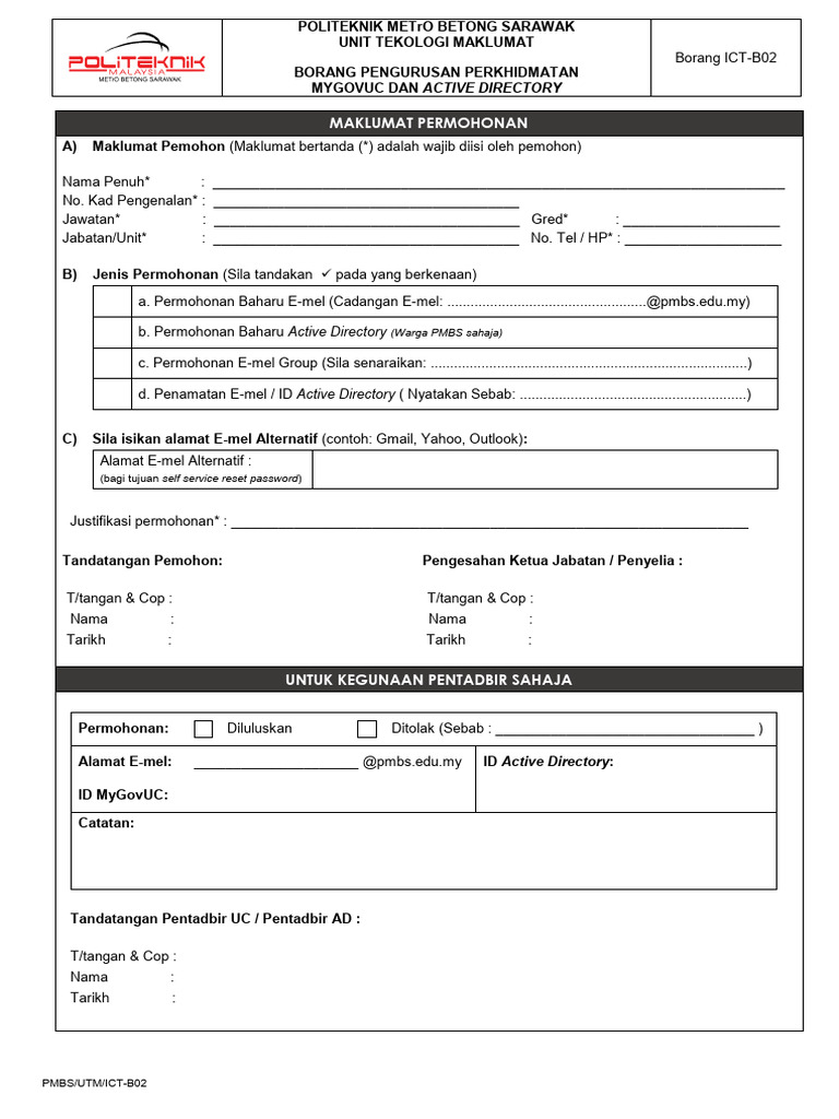 ICT-B02 Borang E-Mel MyGovUC & ActiveDirectory | PDF