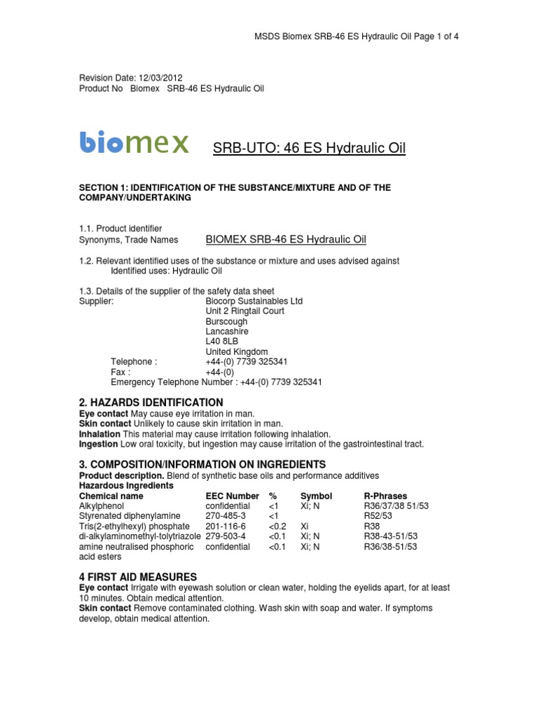 SRBHydraulic 46ES Oil MSDS PDF Personal Protective Equipment