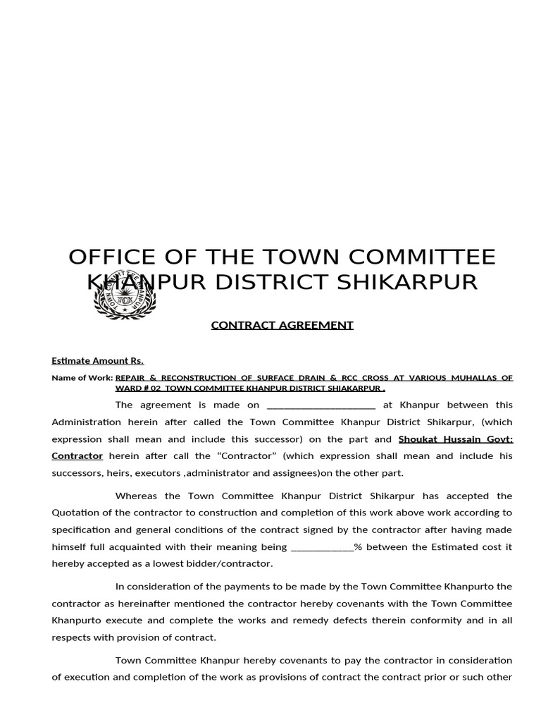 Khanpur Town Committee Contract Agreement | PDF