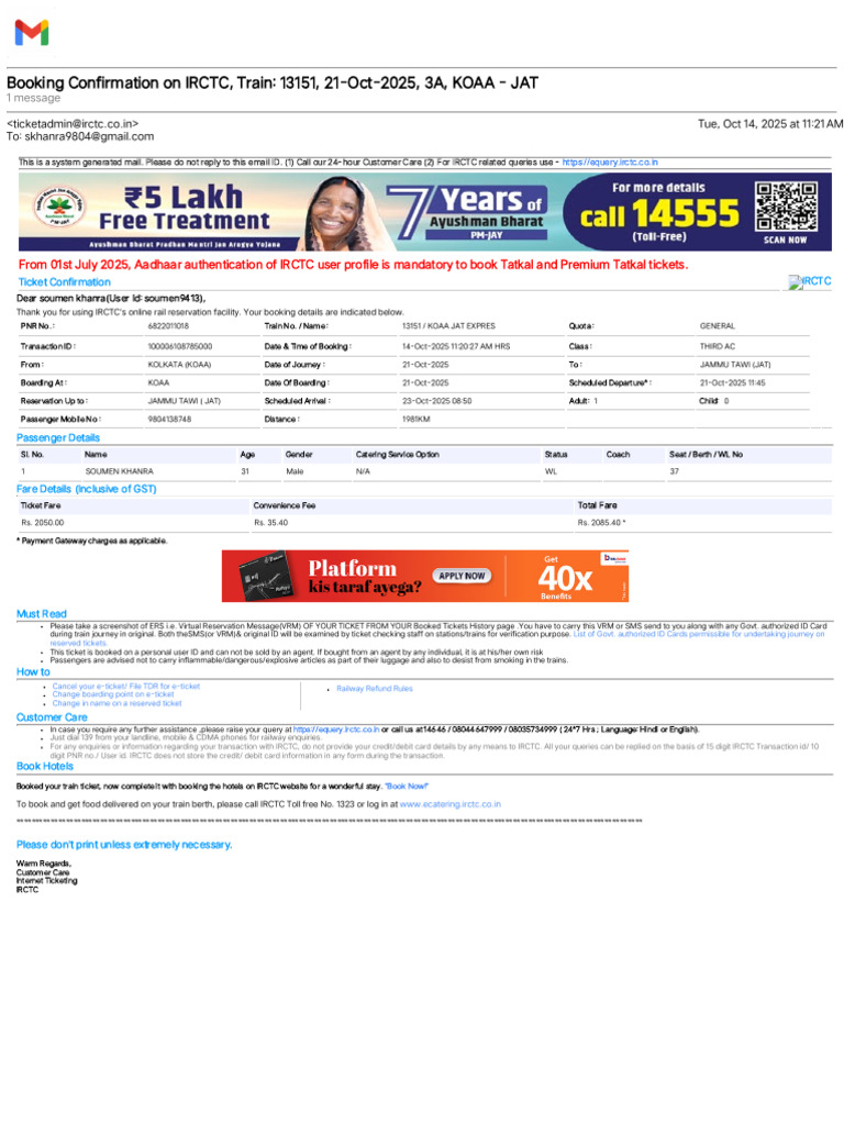 Gmail - Booking Confirmation On IRCTC, Train - 13151, 21-Oct-2025, 3A, KOAA  - JAT | PDF | Service Industries