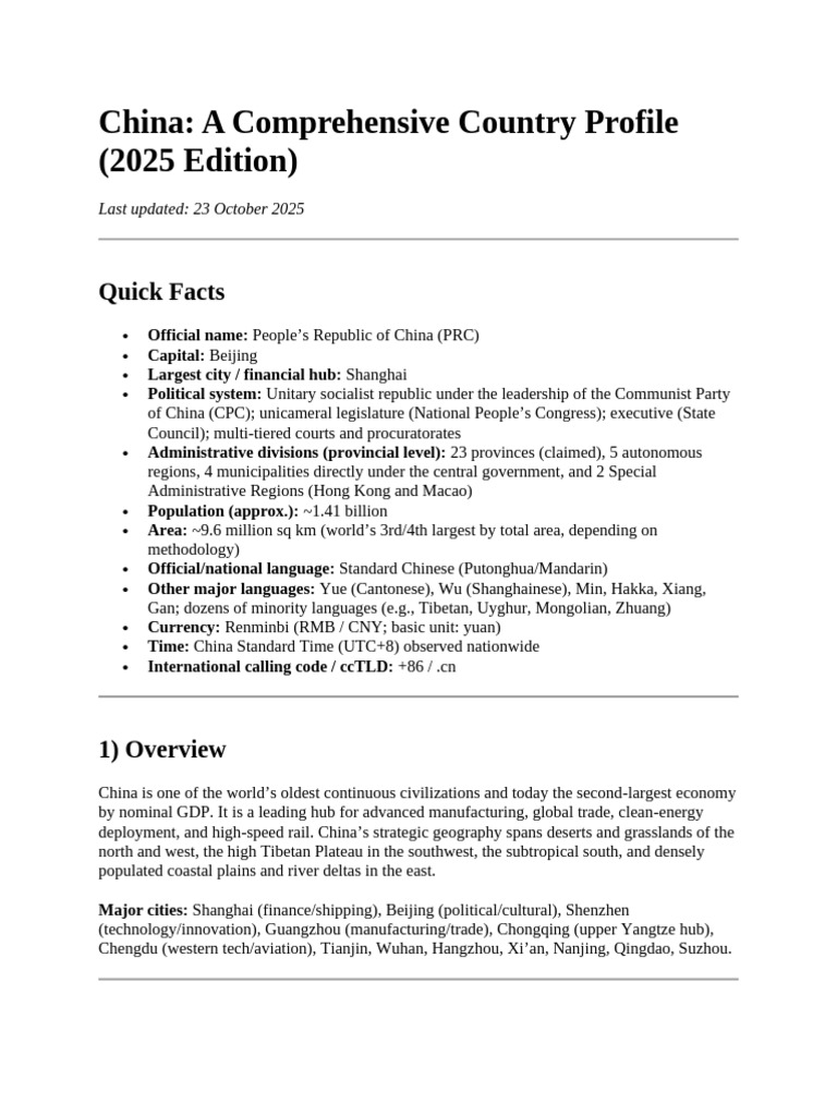 China Country Profile 2025 Overview | PDF | China | World Politics