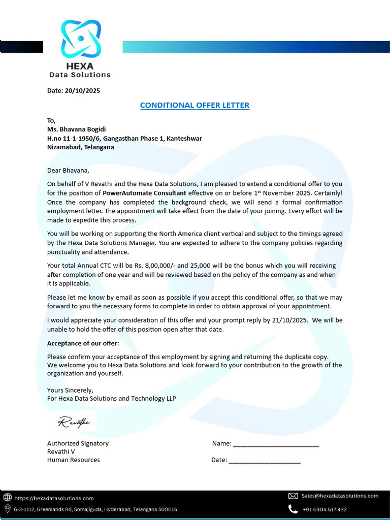 Bhavana Conditional Offer Letter | PDF