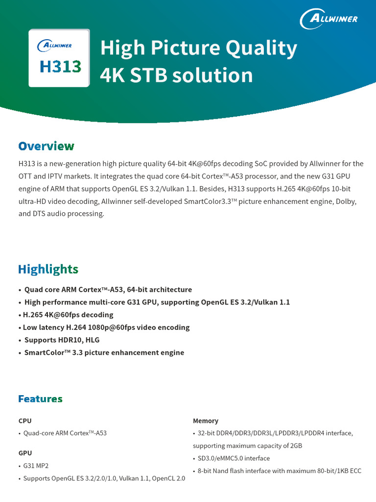 Allwinner H313 4K SoC Overview | PDF | Codec | Computer Engineering