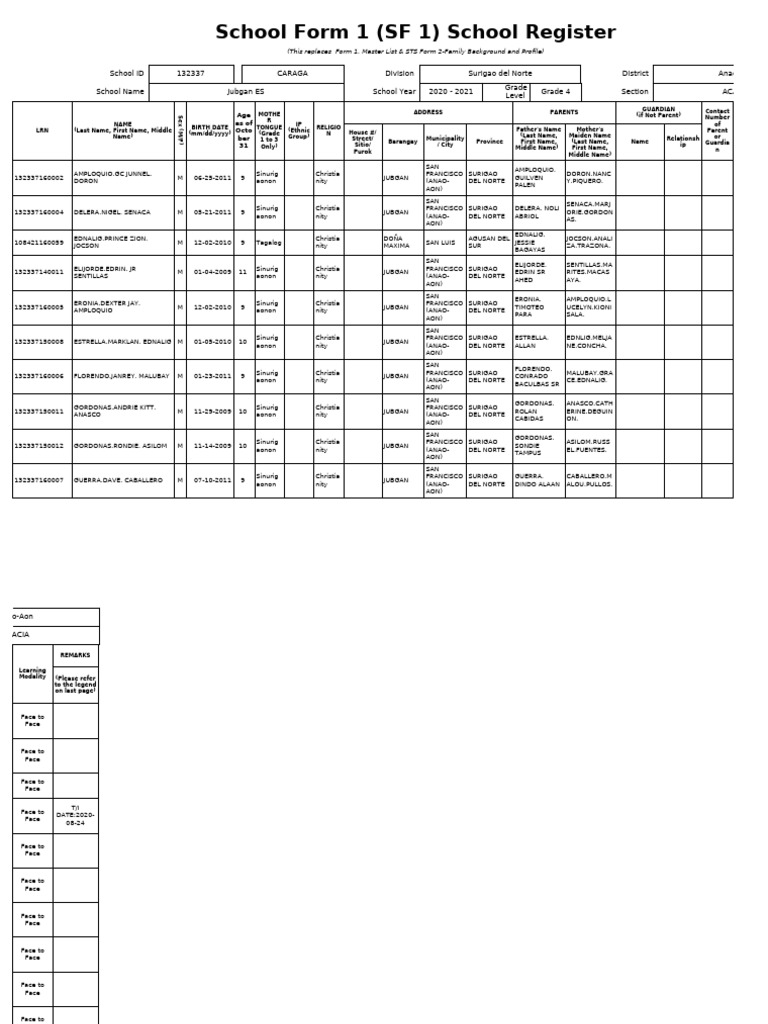 Grade 4 School Register SF 1 Form | PDF