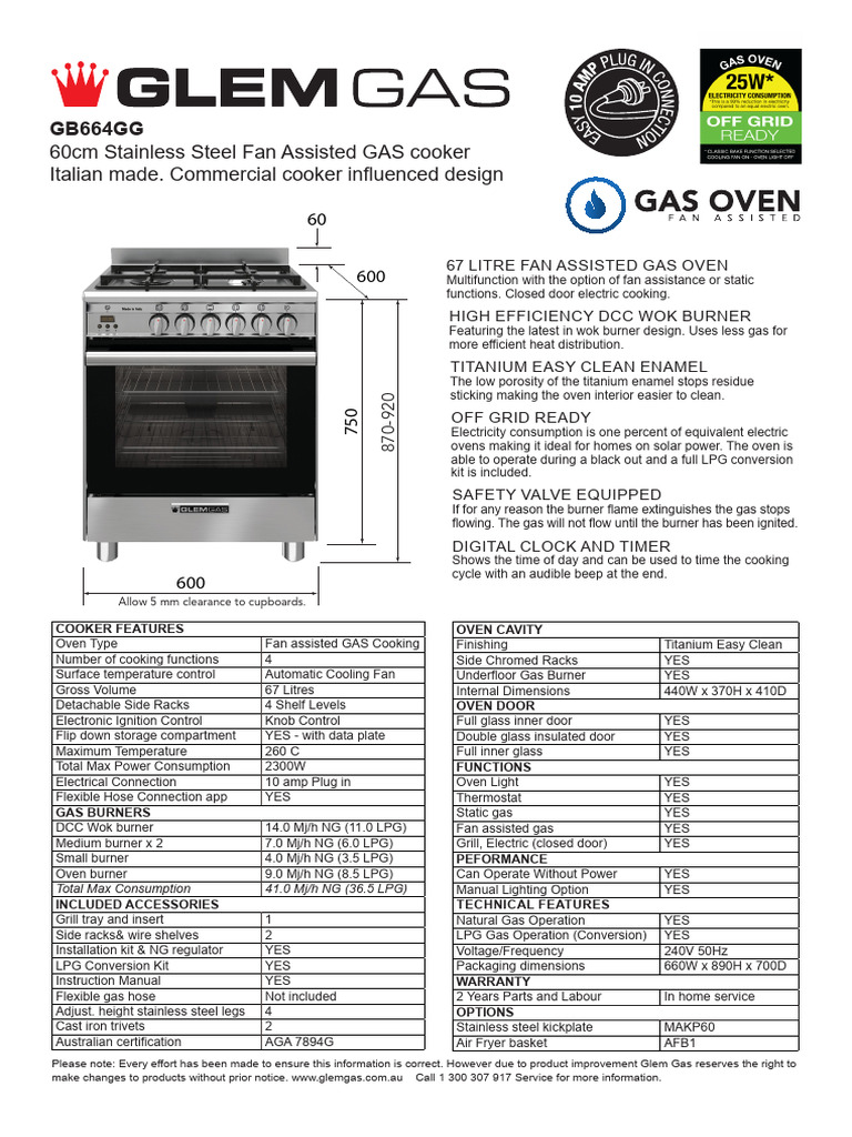 Glem GB664GG 60cm Gas Cooker Features | PDF | Oven