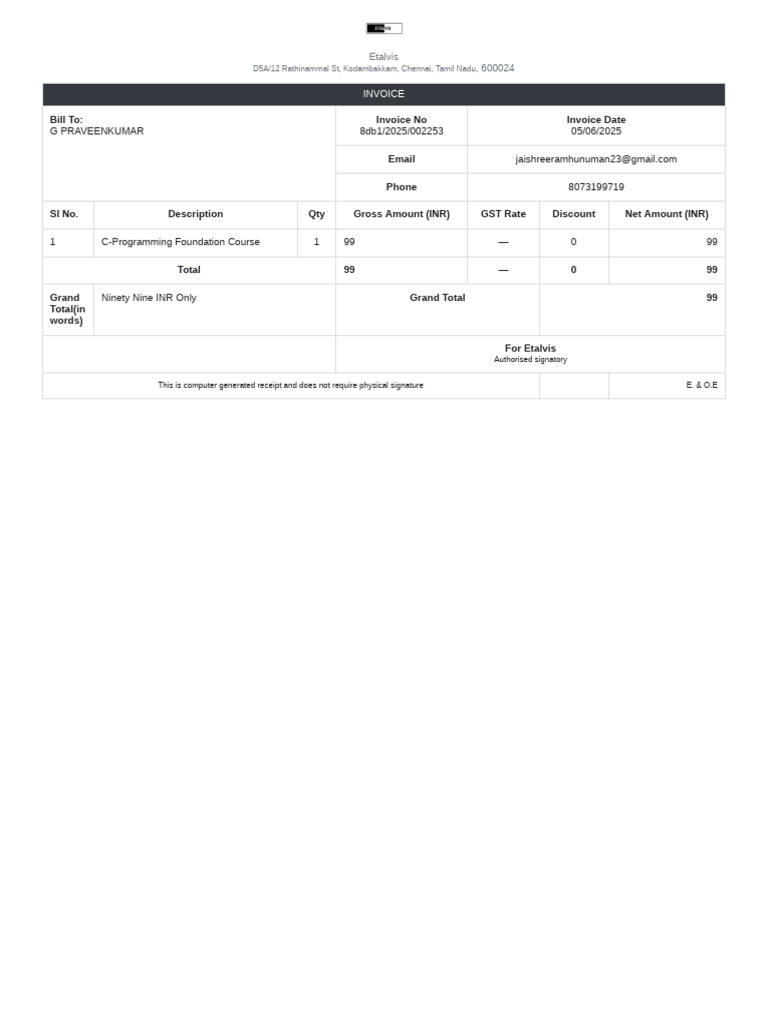 Invoice for C-Programming Course | PDF
