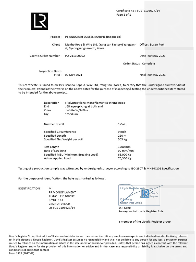 Certificate for Polypropylene Rope Inspection | PDF