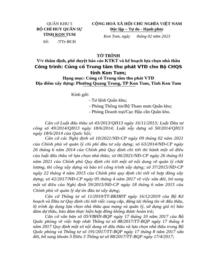 TỜ TRÌNH Thẩm Định Phê Duyệt BC KTKT Và Kế Hoạch Lựa Chọn Nhà Thầu | PDF