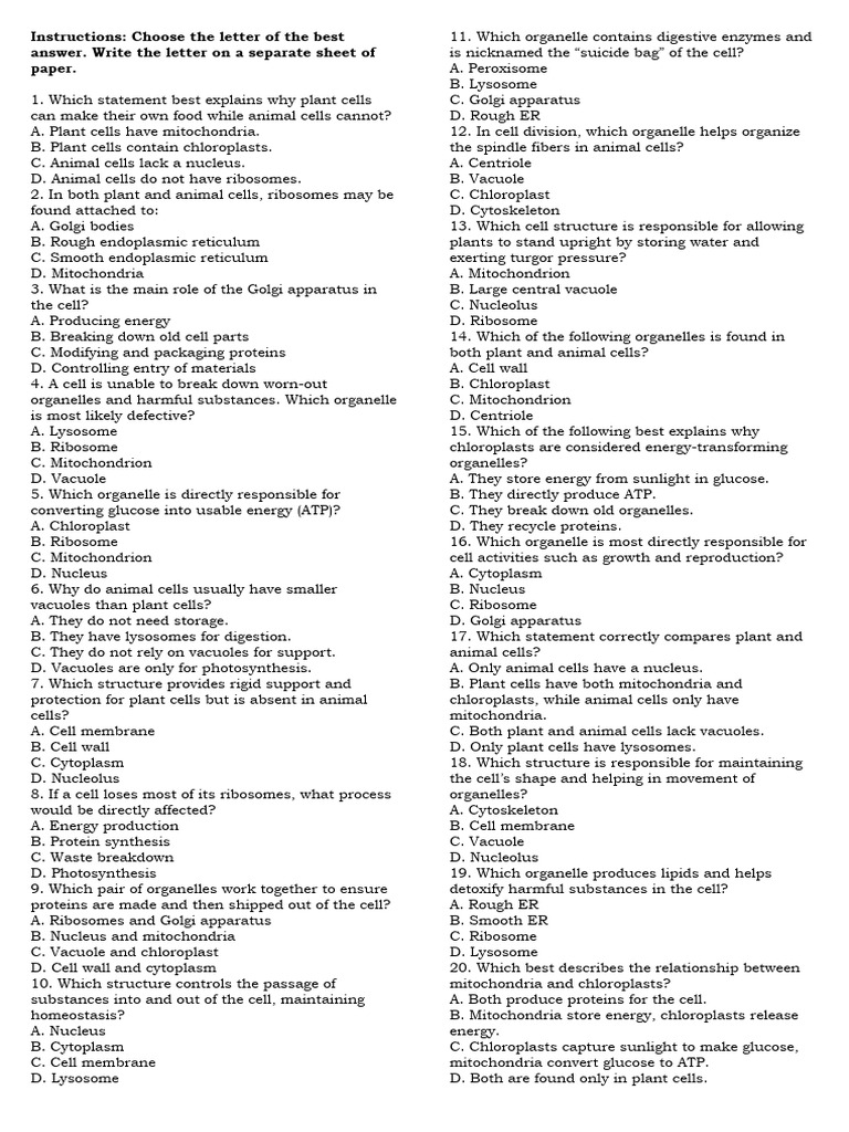 Cell Biology Quiz: Organelles and Functions | PDF | Cell (Biology ...