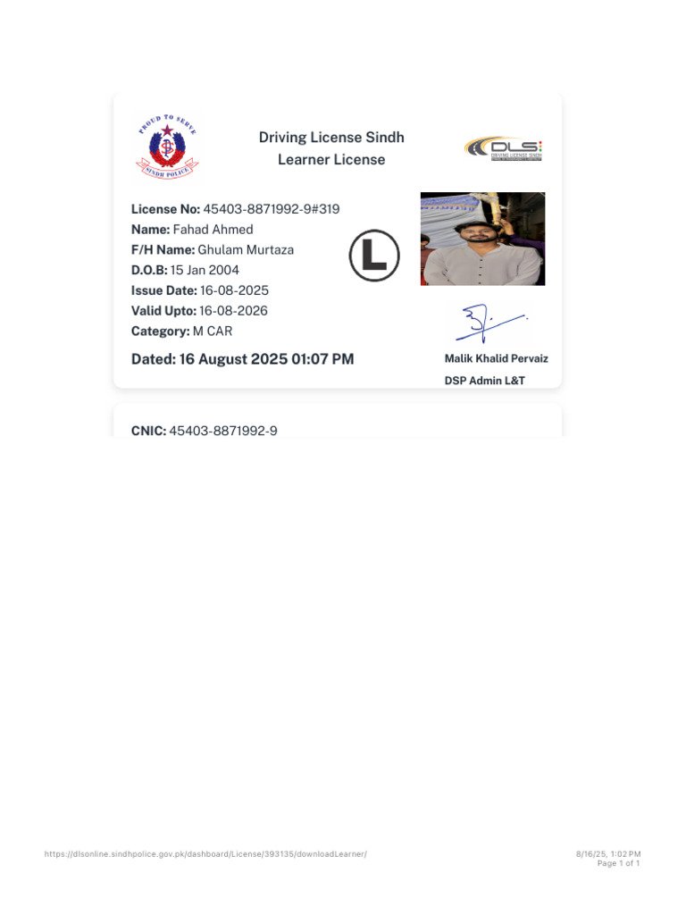 Sindh Learner Driving License Details | PDF