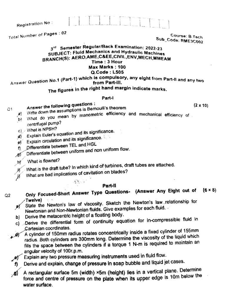 Btech Me 3 Sem Fluid Mechanics and Hydraulic Machines Rme3c002 Apr 2023 ...