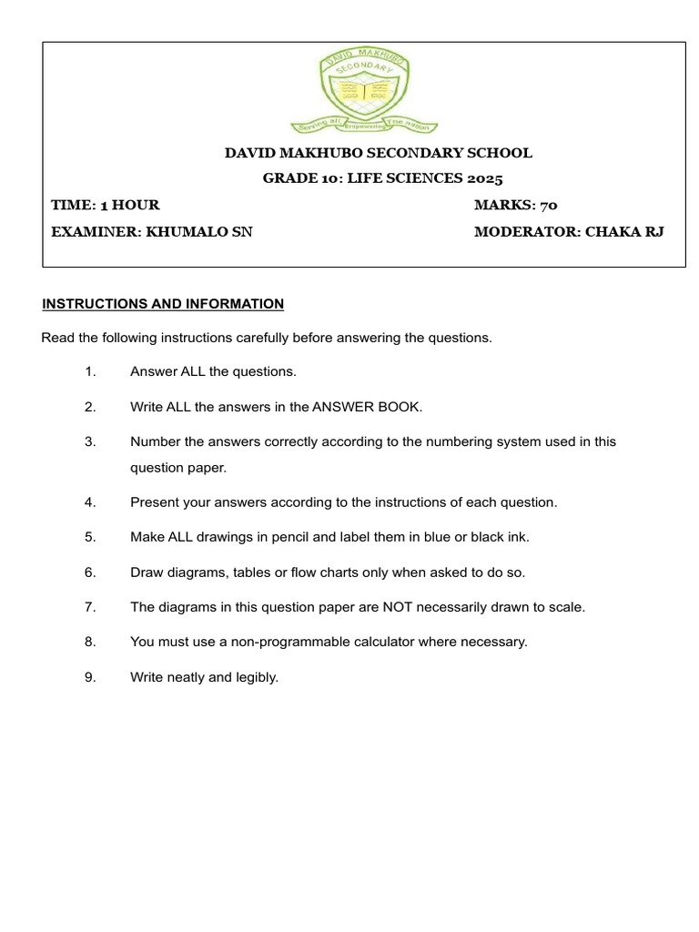 Grade-10-Life-Sciences-September-Test 2024 | PDF | Epithelium | Tissue ...