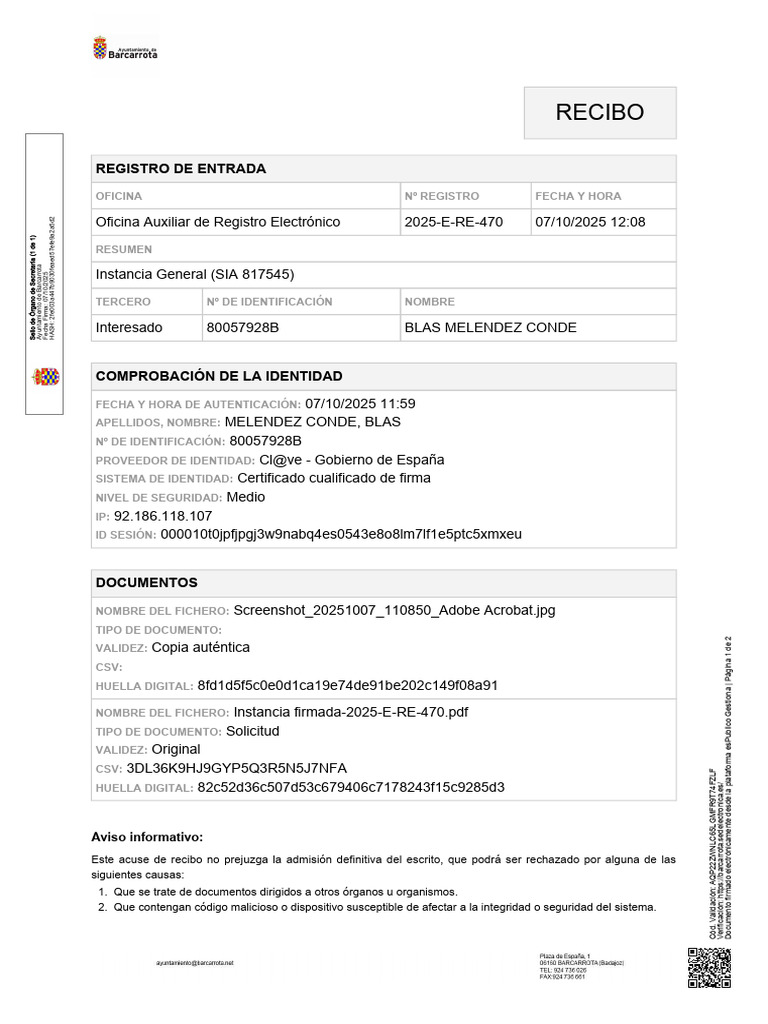 Recibo de Registro Electrónico 2025 | PDF | Informática