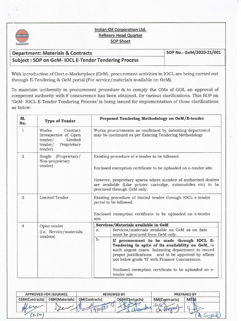 SOP IOCL-GeM E-Tendering Process | PDF