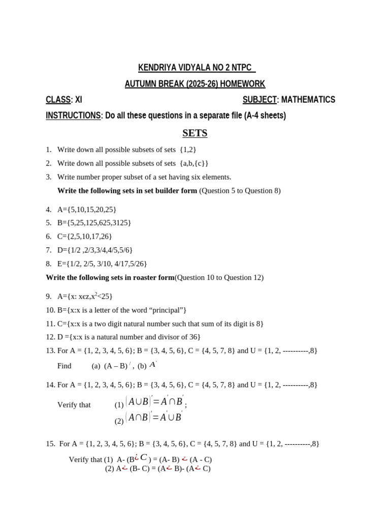 Class XI Mathematics Homework: Sets & Functions | PDF | Chess Theory ...