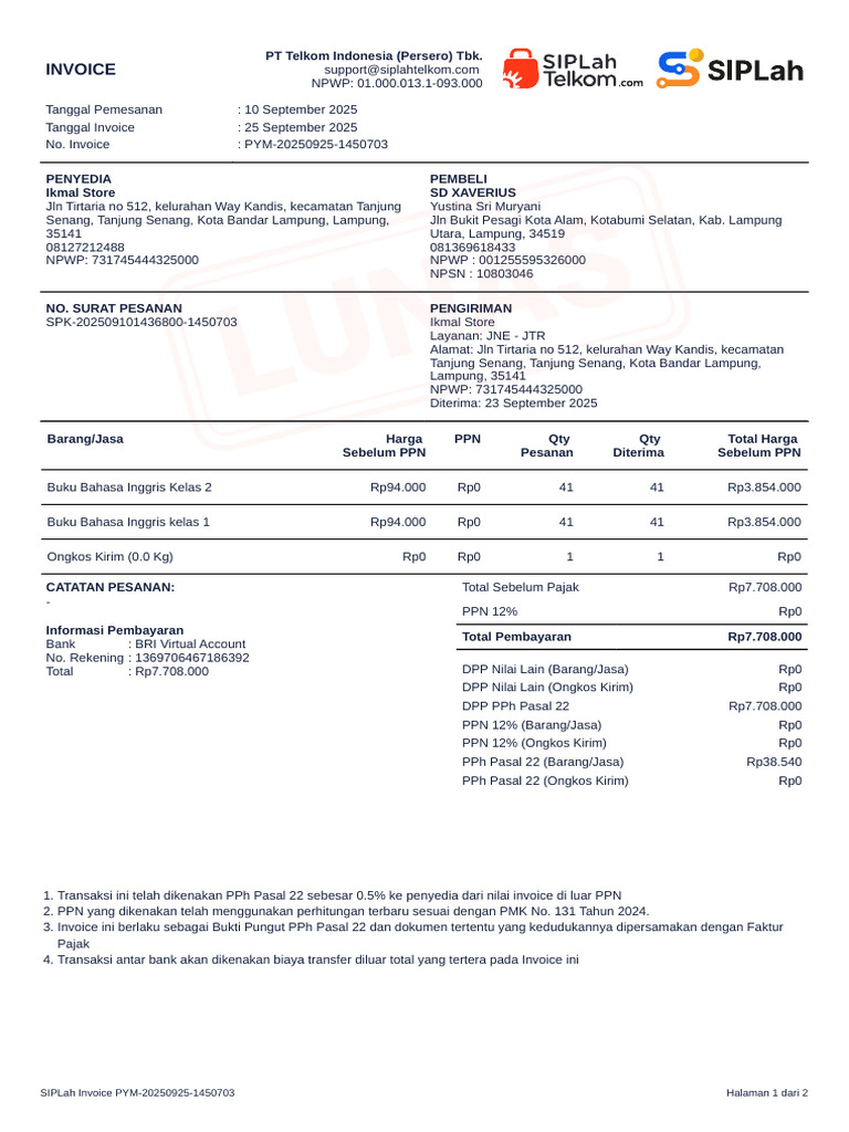 Invoice PPh 22 dan Pembayaran SD Xaverius | PDF