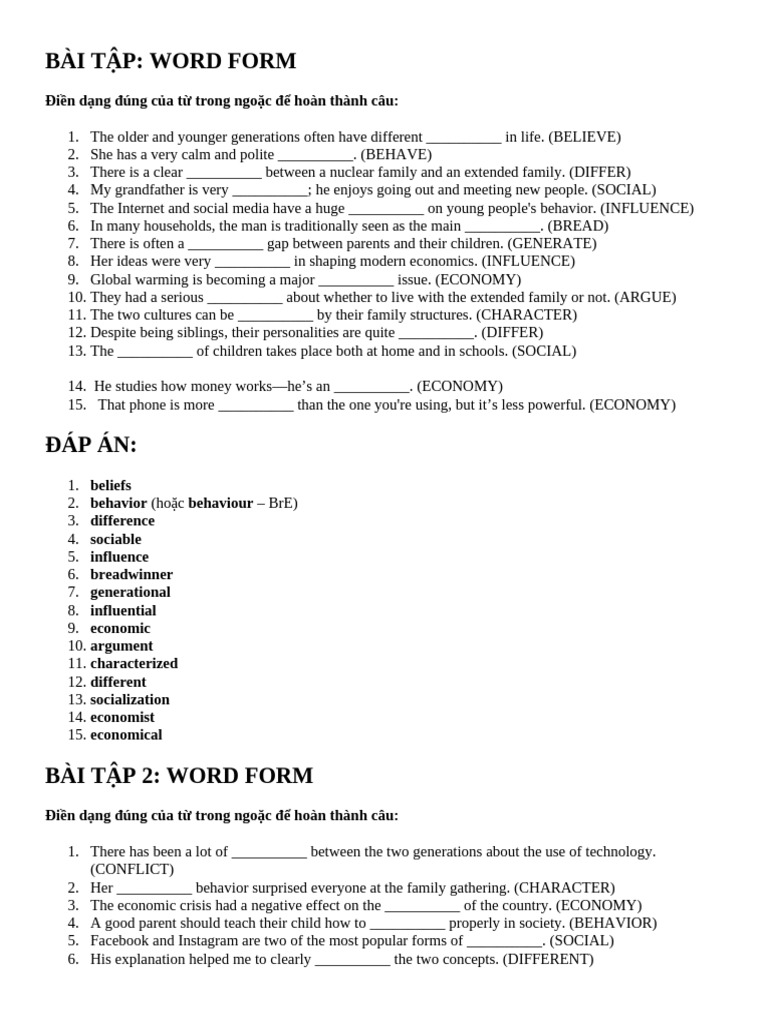 Bài Tập Wordform Unit 2 Key | PDF | Behavioural Sciences | Social ...