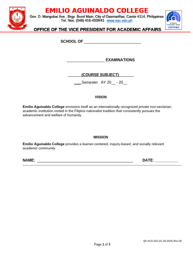 Emilio Aguinaldo College Exam Document | PDF