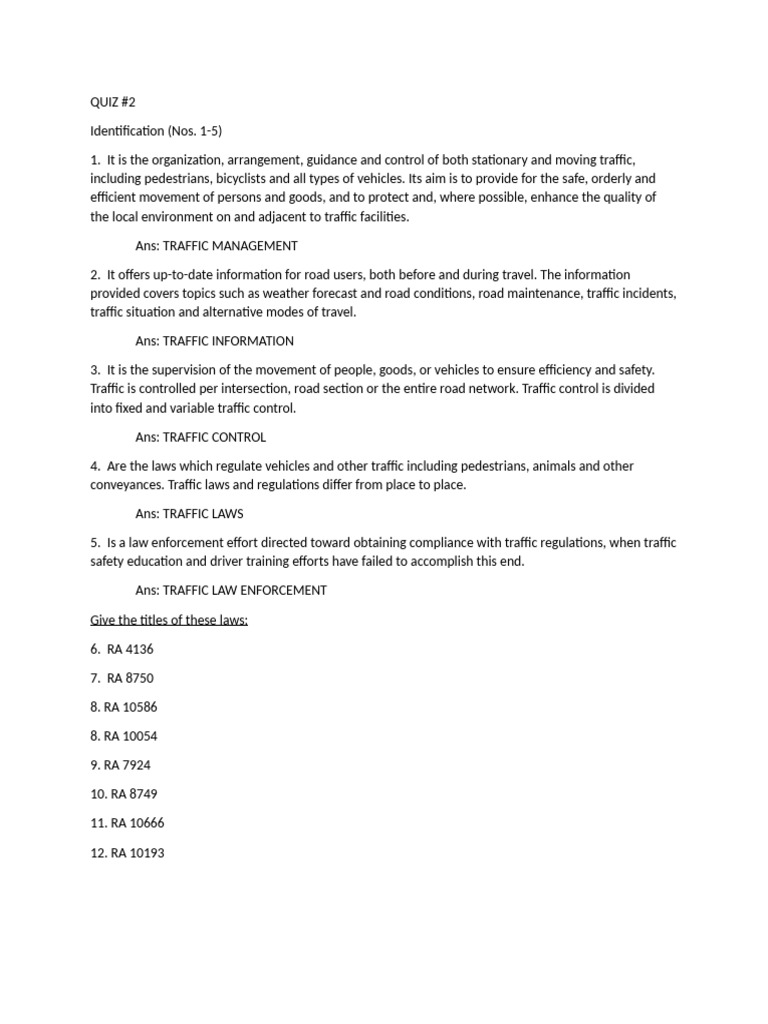 Traffic Management and Laws Quiz | PDF | Traffic | Road Transport