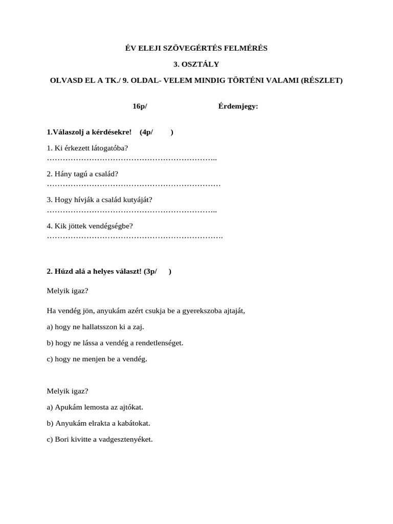 Év Eleji Szövegértés Felmérés | PDF