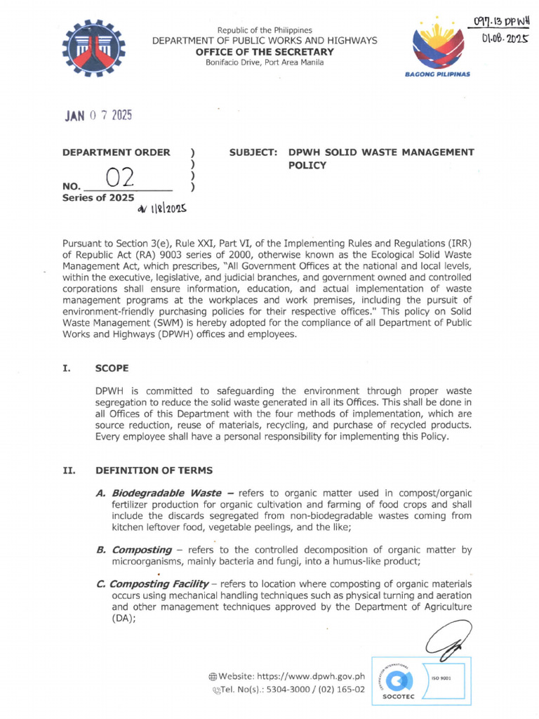 DPWH Solid Waste Management Policy | PDF | Waste | Waste Management