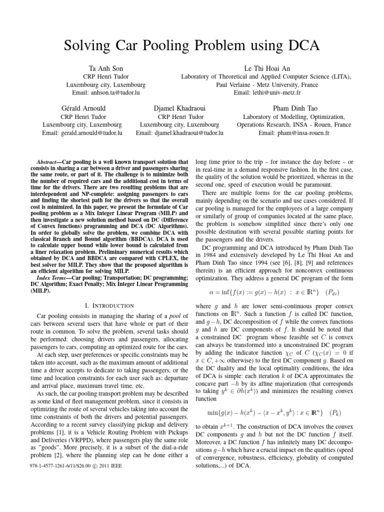 2011 - Solving Car Pooling Problem Using DCA | PDF | Linear Programming ...