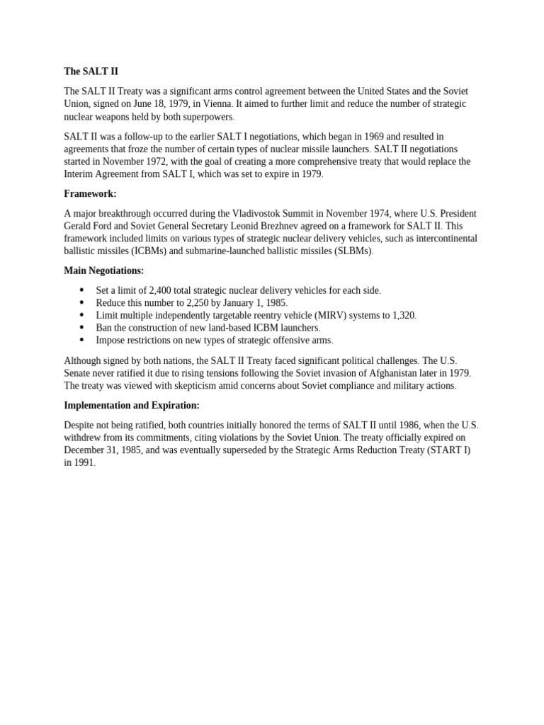 SALT II Treaty Overview and Impact | PDF