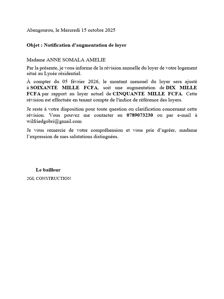 Notification d'augmentation de loyer 2026 | PDF