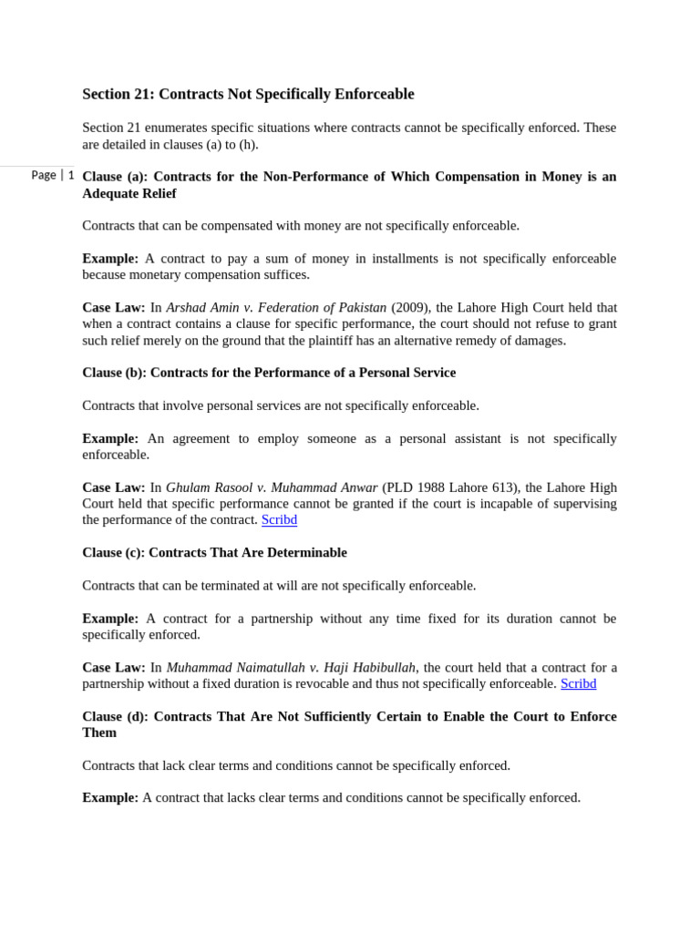 Non-Enforceable Contracts Overview | PDF | Specific Performance | Damages