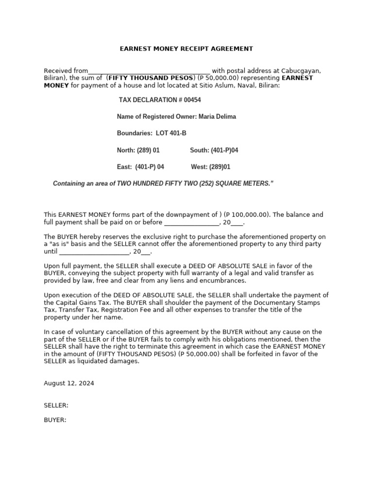 Earnest Money Receipt Agreement Template | PDF