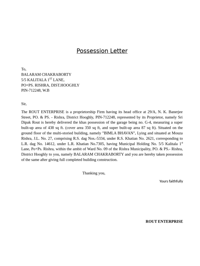 Possession Letter | PDF